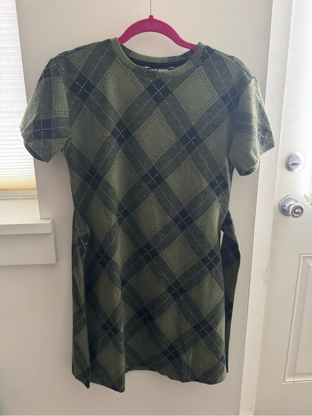 Steve Madden Olive Green Plaid Knit Mini Dress